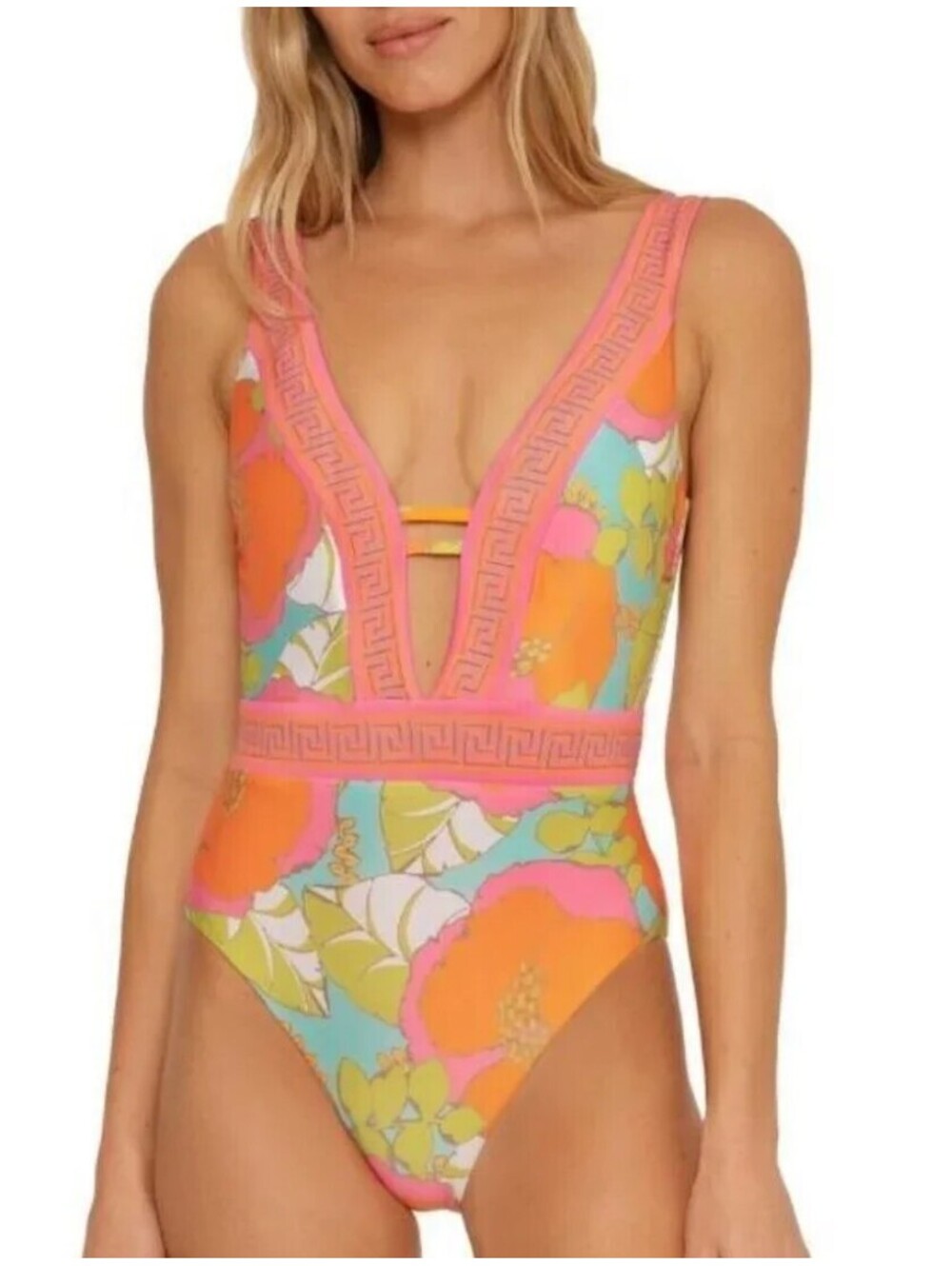 Trina Turk Playa De Flor Plunge One Piece Swimsuit Size 14 Floral Sherbet NWT